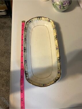 Vintage Floral Ceramic Trinket Tray or Relish Dish Cream with Pink Rose Accents
